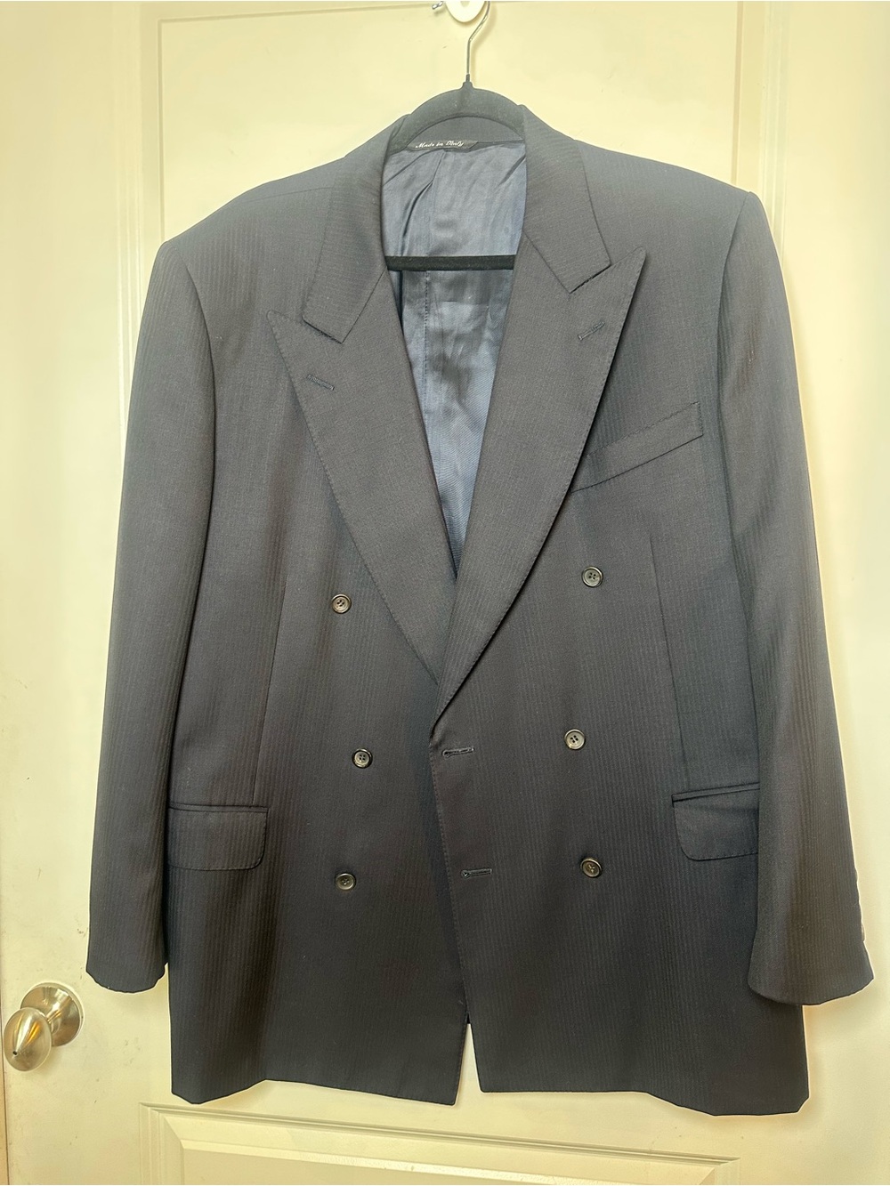 GIEVES & HAWKES Saville Row Wool Navy Pinstripe Double Breasted Sport Coat, 56R